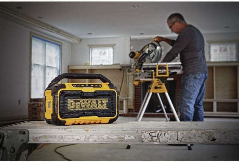 DEWALT 20V MAX Bluetooth Speaker, 100 ft Range, Durable for Jobsites, Phone Holder Included, Lasts 8-10 Hours with Single Charge (DCR010), Black Yellow - Image 9
