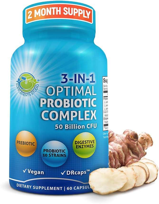 Probiotics with Digestive Enzymes and Prebiotic for Women and Men - 3-In-1 Vegan Probiotic Prebiotic Multi Enzyme Complex for Gut Health - Maximum Absorption Delayed-Release Capsules - Image 1