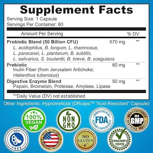 Probiotics with Digestive Enzymes and Prebiotic for Women and Men - 3-In-1 Vegan Probiotic Prebiotic Multi Enzyme Complex for Gut Health - Maximum Absorption Delayed-Release Capsules - Image 6