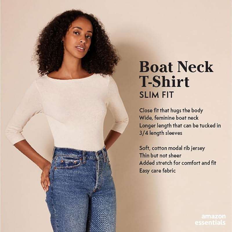 Amazon Essentials Women's Slim-Fit 3/4 Sleeve Boat Neck Cotton Modal Micro Rib T-Shirt - Image 2