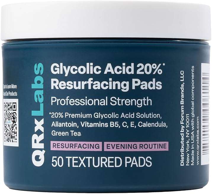 QRxLabs Glycolic Acid Pads - 20% Resurfacing Pads AHA for Face & Body - Exfoliates Skin Surface and Reduces Appearance of Fine Lines and Wrinkles - Acne Treatment Clearing - Daily Pads - 50ct - Image 1