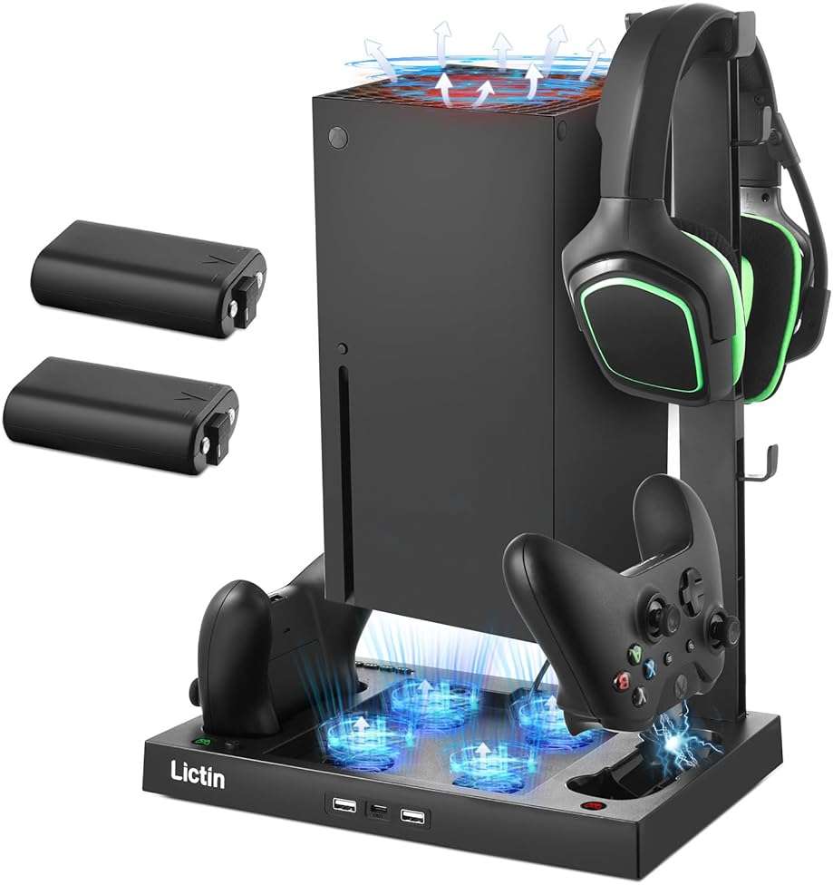 Lictin Cooling Fan Charging Station for Xbox Series X Console & Controller, Upgraded 4 Cooler Fan System Stand, Vertical Dual Charger Station Dock Accessories with 2 x 1400mAh Rechargeable Battery - Image 1