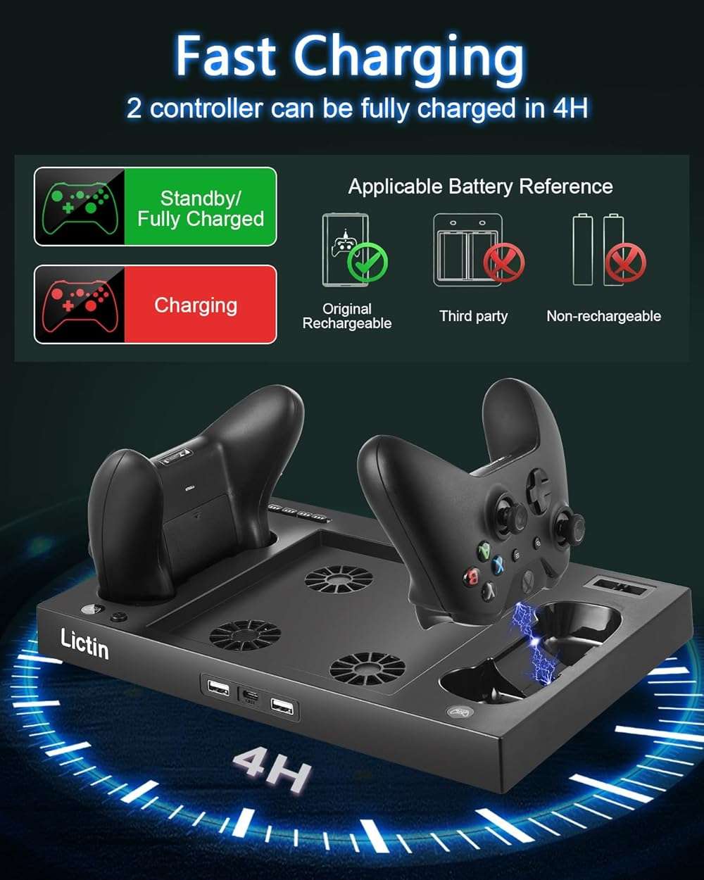 Lictin Cooling Fan Charging Station for Xbox Series X Console & Controller, Upgraded 4 Cooler Fan System Stand, Vertical Dual Charger Station Dock Accessories with 2 x 1400mAh Rechargeable Battery - Image 4