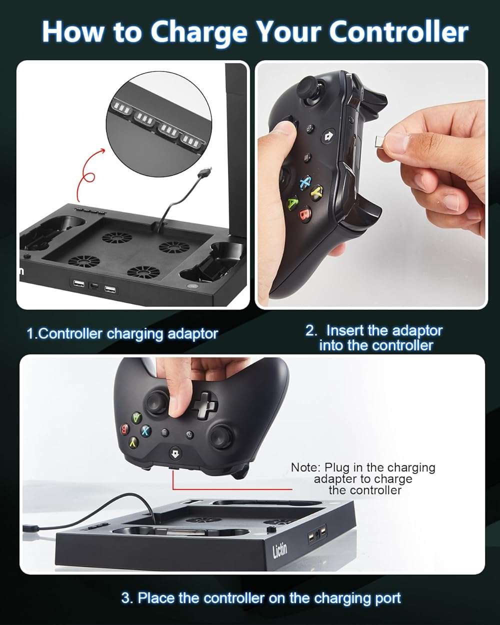 Lictin Cooling Fan Charging Station for Xbox Series X Console & Controller, Upgraded 4 Cooler Fan System Stand, Vertical Dual Charger Station Dock Accessories with 2 x 1400mAh Rechargeable Battery - Image 5