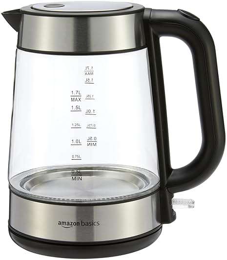 Amazon Basics Electric Kettle with Glass Carafe for Tea and Coffee, BPA-Free, Fast Boiling, Auto Shut-Off, Boil-Dry Protection, Water Level Indicator, 1.7 Liter, 1500W, Black and Silver - Image 1