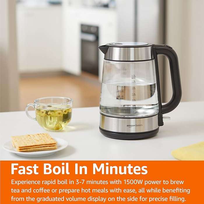 Amazon Basics Electric Kettle with Glass Carafe for Tea and Coffee, BPA-Free, Fast Boiling, Auto Shut-Off, Boil-Dry Protection, Water Level Indicator, 1.7 Liter, 1500W, Black and Silver - Image 2