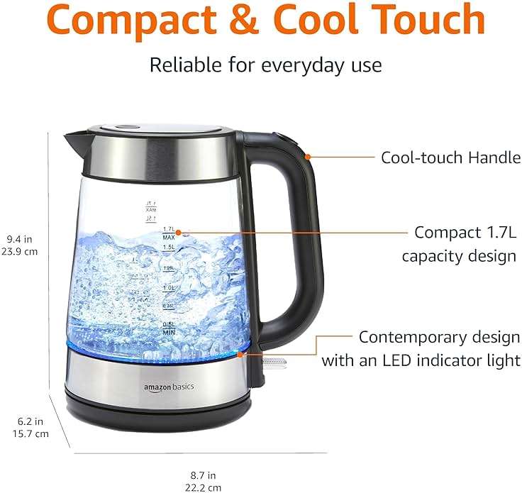 Amazon Basics Electric Kettle with Glass Carafe for Tea and Coffee, BPA-Free, Fast Boiling, Auto Shut-Off, Boil-Dry Protection, Water Level Indicator, 1.7 Liter, 1500W, Black and Silver - Image 3