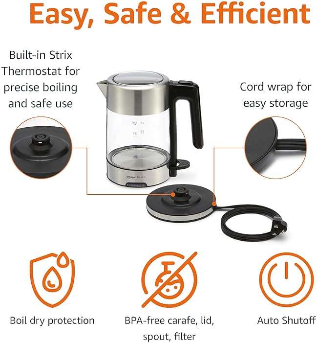 Amazon Basics Electric Kettle with Glass Carafe for Tea and Coffee, BPA-Free, Fast Boiling, Auto Shut-Off, Boil-Dry Protection, Water Level Indicator, 1.7 Liter, 1500W, Black and Silver - Image 4