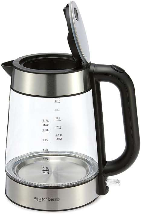 Amazon Basics Electric Kettle with Glass Carafe for Tea and Coffee, BPA-Free, Fast Boiling, Auto Shut-Off, Boil-Dry Protection, Water Level Indicator, 1.7 Liter, 1500W, Black and Silver - Image 6