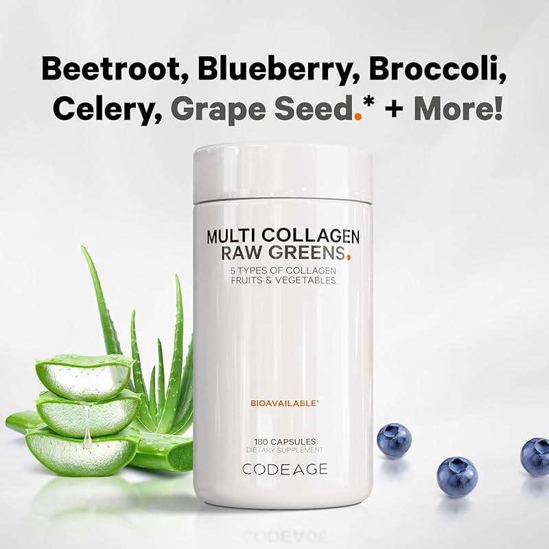 Codeage Multi Collagen Protein + Organic Raw Greens Superfood Capsules Supplement, 21 Fruits & Veggies, Grass-Fed Hydrolyzed Collagen Peptides, 5 Types All-in-One, 180 Count - Image 6