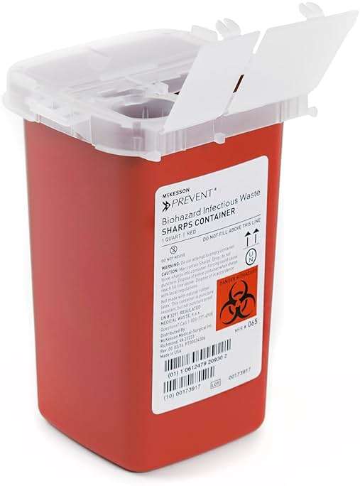 McKesson Prevent Sharps Container for Home Use, 1 Quart - for Biohazard Infectious Waste, Needle and Syringe Disposal - Translucent, Touchless Lid - Red, 1 Count - Image 1