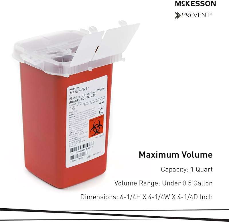 McKesson Prevent Sharps Container for Home Use, 1 Quart - for Biohazard Infectious Waste, Needle and Syringe Disposal - Translucent, Touchless Lid - Red, 1 Count - Image 2