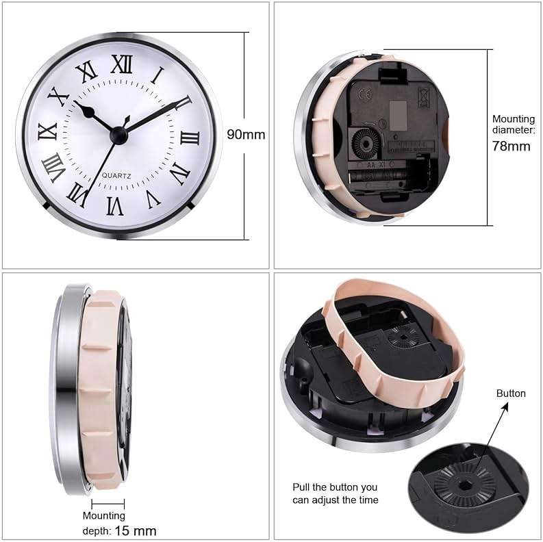 Hicarer 3-1/2 Inch (90 mm) Quartz Clock Fit-up/Insert with Roman Numeral, Quartz Movement (Silver Trim) - Image 2