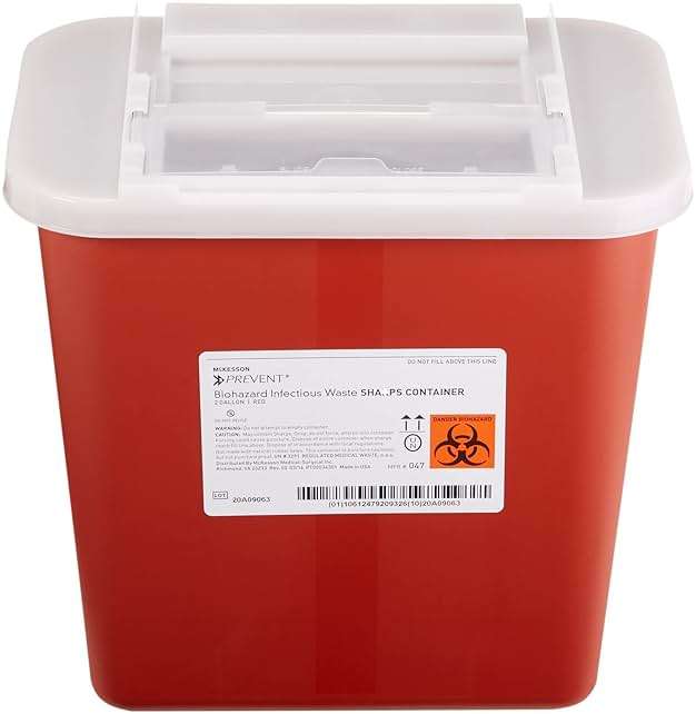 McKesson Prevent Biohazard Infectious Waste Sharps Container - Plastic, Horizontal Entry, Translucent Sliding Lid - Red, 2 gal, 7 in x 10 1/2 in x 10 1/4 in, 20 Count - Image 1