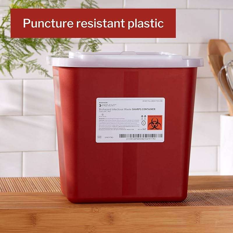 McKesson Prevent Biohazard Infectious Waste Sharps Container - Plastic, Horizontal Entry, Translucent Sliding Lid - Red, 2 gal, 7 in x 10 1/2 in x 10 1/4 in, 20 Count - Image 2
