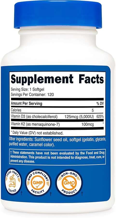 Nutricost Vitamin D3 + K2 (5000 IU D3 / 100mcg MK7), 120 Softgels – Gluten-Free & Non-GMO - Image 5