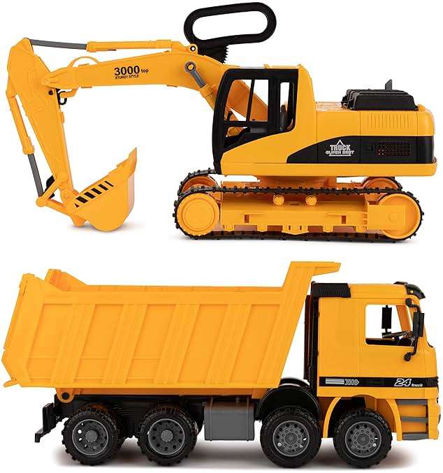 Toy To Enjoy Construction Toys - Excavator & Dump Truck Toy for Kids (Set of 2) – Moveable Claw & Lifting Back – Garbage Truck & Bulldozer Digger – Construction Vehicles for Boys & Kids - Image 1