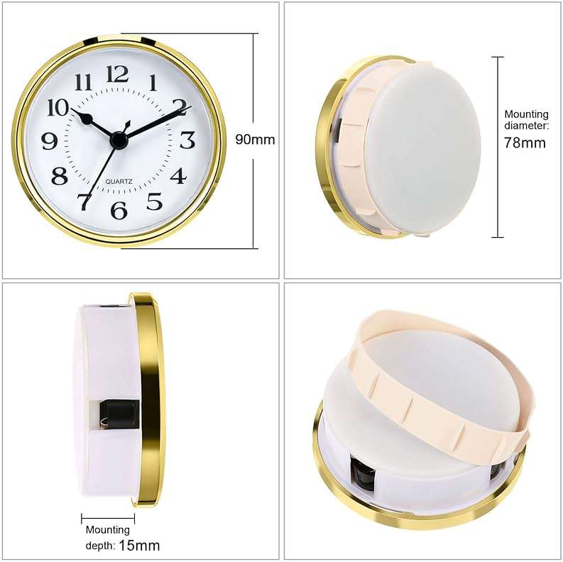 Hicarer 3-1/2 Inch (90 mm) Quartz Clock Fit-Up/Insert with Arabic Numeral, Quartz Movement (Gold Rim) - Image 4