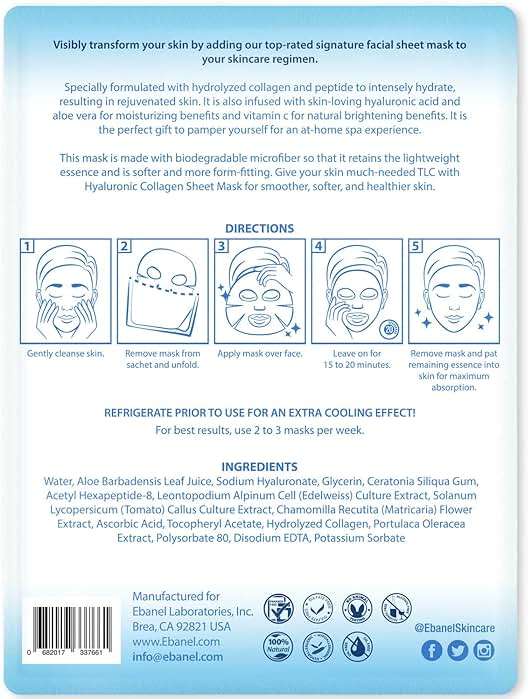 Ebanel 15 Pack Collagen Face Mask with Hyaluronic Acid, Vitamin C, Peptide, Aloe, Instant Brightening Hydrating Face Masks Skincare Korean Sheet Mask, Skin Firming, Lifting Anti Aging Facial Masks - Image 8
