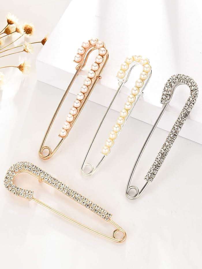 Boao 4 Pieces Women Brooch Pins Sweater Shawl Clips Faux Crystal Pearl Brooches Safety Pins Dress Shirt Clips for Women - Image 6