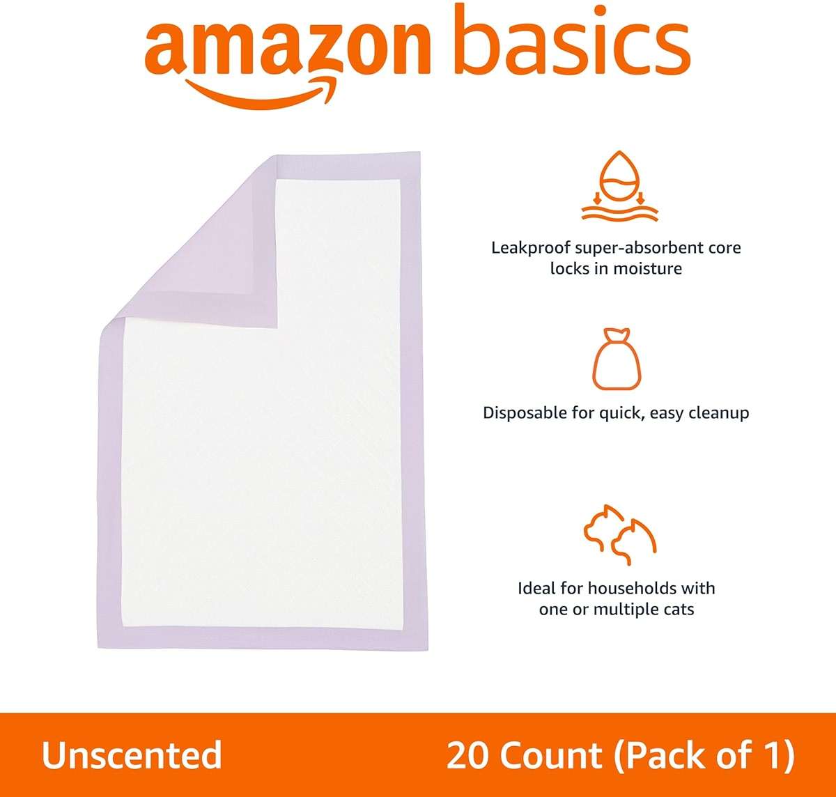 Amazon Basics Cat Pee Pads, Super Absorbent, Odor Control, Universal Fit for Litter Box, Disposable, Multi-Cat, Unscented, Purple and White, 20 Count - Image 2