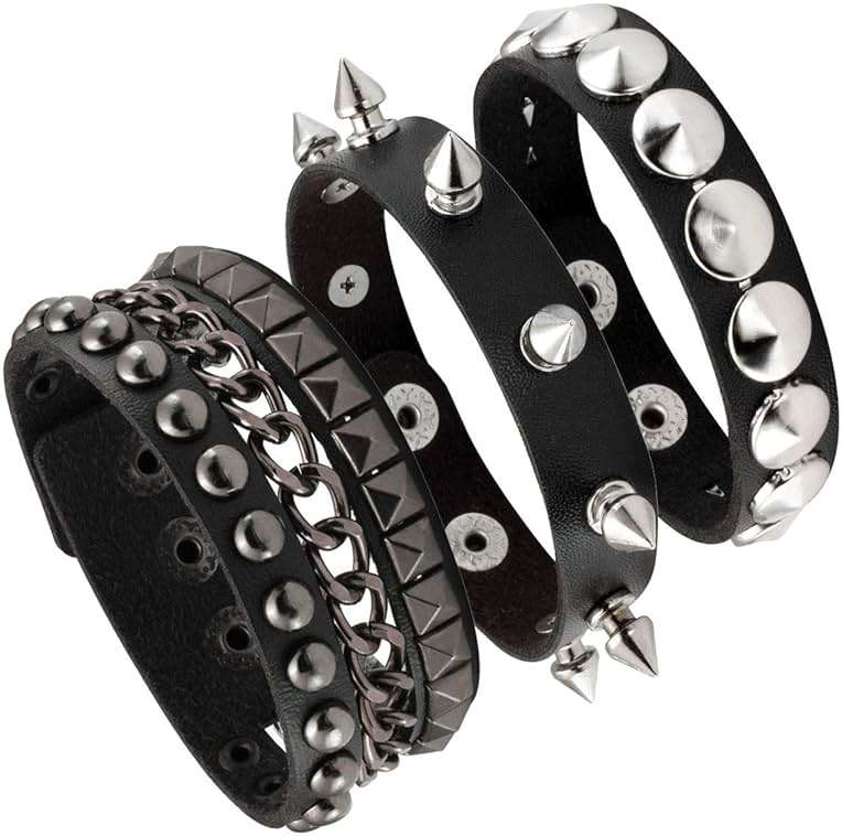 Eigso 3 Pcs Leather Punk Bracelets for Men Women of Rock Rivet Wrap Retro Spike Bracelet Adjustable - Image 1