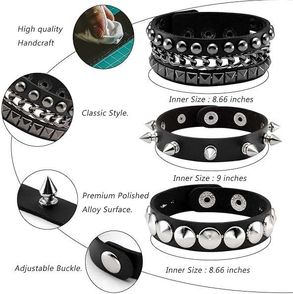 Eigso 3 Pcs Leather Punk Bracelets for Men Women of Rock Rivet Wrap Retro Spike Bracelet Adjustable - Image 3