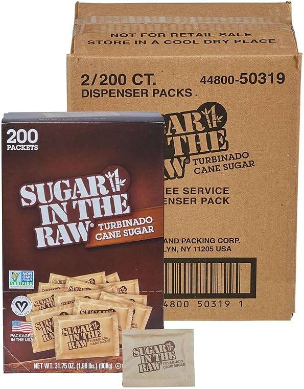 Sugar In The Raw Granulated Turbinado Cane Sugar On The Go Packets, No Erythritol, Pure Natural Sweetener, Hot & Cold Drinks, Coffee, Baking, Vegan, Gluten-Free, Non-GMO, 200 Count Packets (2-Pack) - Image 1