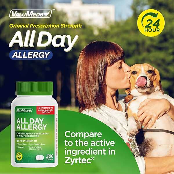 ValuMeds 24-Hour Allergy Medicine Antihistamine for Pollen, Hay Fever, Dry, Itchy Eyes, Allergies | Cetirizine HCl 10mg Caplets, Compare to Leading Brand (300 Count) - Image 2