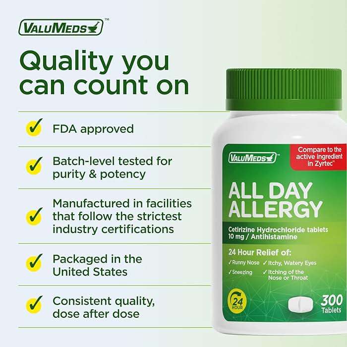 ValuMeds 24-Hour Allergy Medicine Antihistamine for Pollen, Hay Fever, Dry, Itchy Eyes, Allergies | Cetirizine HCl 10mg Caplets, Compare to Leading Brand (300 Count) - Image 6