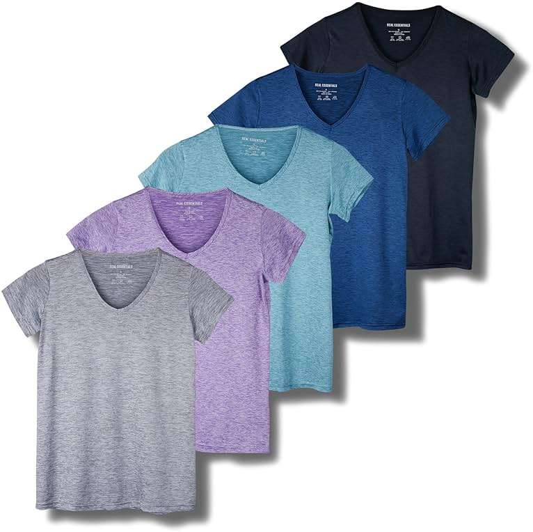 Real Essentials 5 Pack: Women's Dry-Fit Short Sleeve V Neck T Shirt Workout Fitness Yoga Top Tee (Available in Plus Size) - Image 1