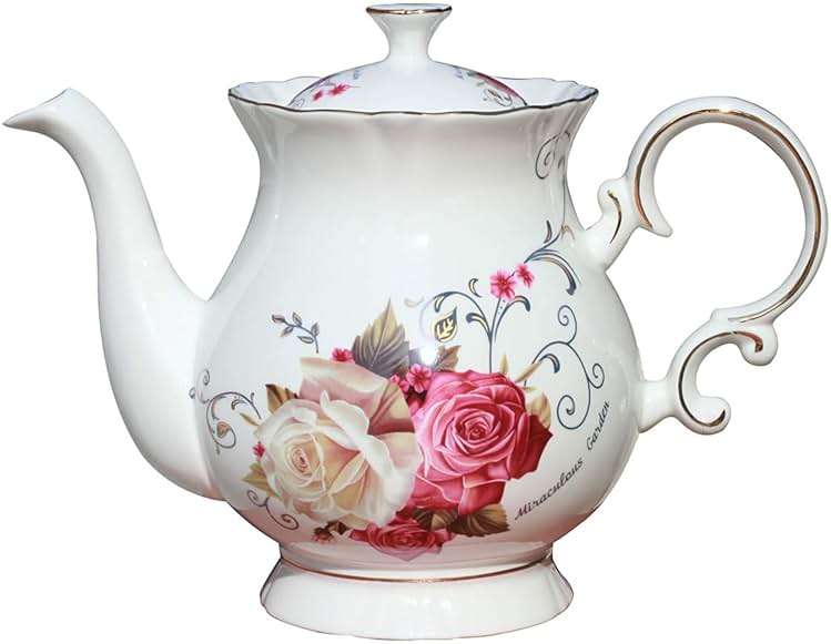Jomop European Style Ceramic Flower Teapot Coffee Pot Water Pot Porcelain Gift Large 5.5 Cups (1, Rose) - Image 1