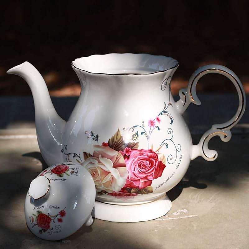 Jomop European Style Ceramic Flower Teapot Coffee Pot Water Pot Porcelain Gift Large 5.5 Cups (1, Rose) - Image 2