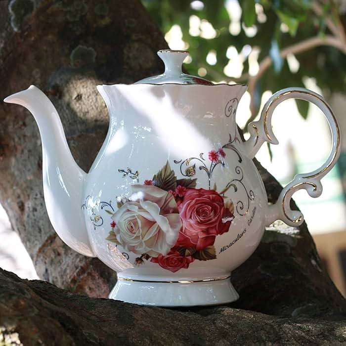 Jomop European Style Ceramic Flower Teapot Coffee Pot Water Pot Porcelain Gift Large 5.5 Cups (1, Rose) - Image 4