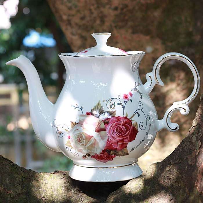 Jomop European Style Ceramic Flower Teapot Coffee Pot Water Pot Porcelain Gift Large 5.5 Cups (1, Rose) - Image 5