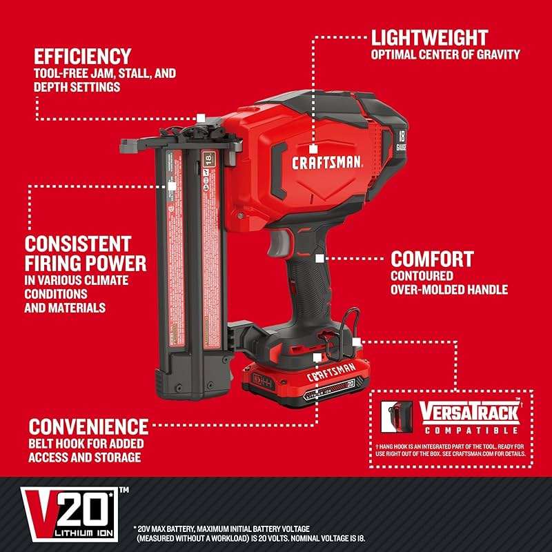CRAFTSMAN V20 Cordless Brad Nailer, 18 Gauge Nail Gun, with Battery and Charger (CMCN618C1) - Image 11