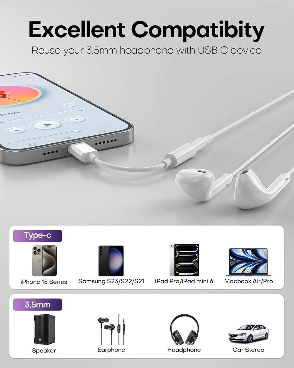 USB C to 3.5mm Audio Headphone Jack Adapter (2Pack), Aux to USB C Dongle Cord Cable Compatible with iPhone 17/16/15, iPad Pro, Samsung Galaxy S25 S24 S23 Ultra/Google Pixel - White - Image 5