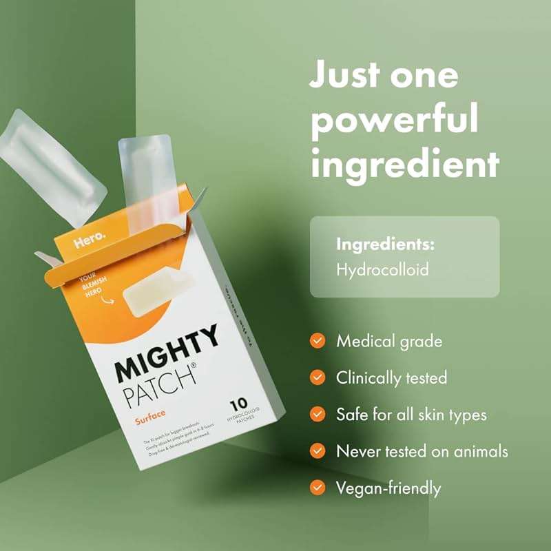 Mighty Patch Surface Large Pimple Patches for Face, Acne Spot Patch for Cheek, Forehead, and Chin, Pimple Stickers, Hydrocolloid Covers, Vegan-friendly, from Hero Cosmetics, 10 Count - Image 6