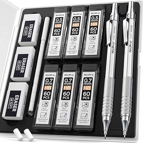 Nicpro 2 PCS Metal Mechanical Pencil 0.5mm & 0.7 mm with Case, MP1000 Pencil Set with 4 Tubes HB Lead Refills, 2 Erasers, 9 Eraser Refills For Art Writing Drafting, Drawing, Sketch, College - Silver - Image 1