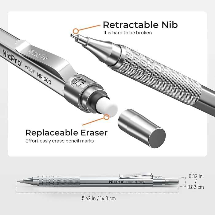 Nicpro 2 PCS Metal Mechanical Pencil 0.5mm & 0.7 mm with Case, MP1000 Pencil Set with 4 Tubes HB Lead Refills, 2 Erasers, 9 Eraser Refills For Art Writing Drafting, Drawing, Sketch, College - Silver - Image 3