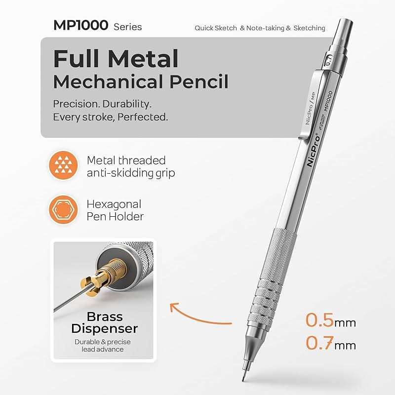 Nicpro 2 PCS Metal Mechanical Pencil 0.5mm & 0.7 mm with Case, MP1000 Pencil Set with 4 Tubes HB Lead Refills, 2 Erasers, 9 Eraser Refills For Art Writing Drafting, Drawing, Sketch, College - Silver - Image 4