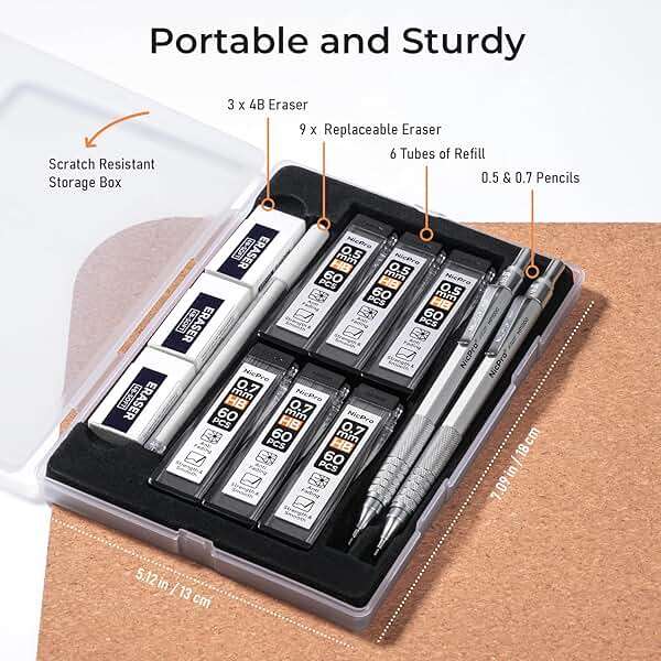 Nicpro 2 PCS Metal Mechanical Pencil 0.5mm & 0.7 mm with Case, MP1000 Pencil Set with 4 Tubes HB Lead Refills, 2 Erasers, 9 Eraser Refills For Art Writing Drafting, Drawing, Sketch, College - Silver - Image 7