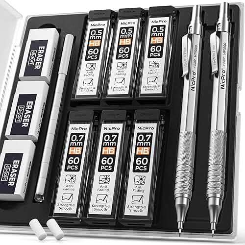 Nicpro 2 PCS Metal Mechanical Pencil 0.5mm & 0.7 mm with Case, MP1000 Pencil Set with 4 Tubes HB Lead Refills, 2 Erasers, 9 Eraser Refills For Art Writing Drafting, Drawing, Sketch, College - Silver - Image 9