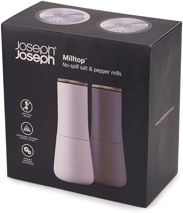 Joseph Joseph Milltop Non-Spill Salt and Pepper Mill 2-piece Set, Refillable with Ceramic Grinder, Adjustable Grinding Size, White/Dark Grey - Image 7