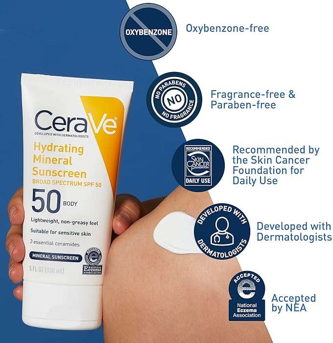 CeraVe 100% Mineral Sunscreen SPF 50 with Zinc Oxide & Titanium Dioxide, Hyaluronic Acid & Ceramides, Oil Free & Non-Greasy, Hydrating Mineral Sunscreen For Body, 5 oz - Image 3