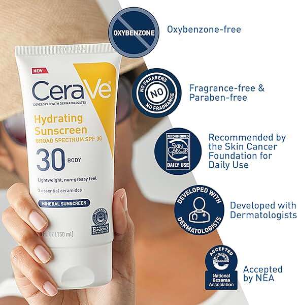 CeraVe 100% Mineral Sunscreen SPF 30 with Zinc Oxide & Titanium Dioxide, Hyaluronic Acid & Ceramides, Oil Free, Non-Greasy, Hydrating Mineral Sunscreen For Body, 5 oz - Image 3