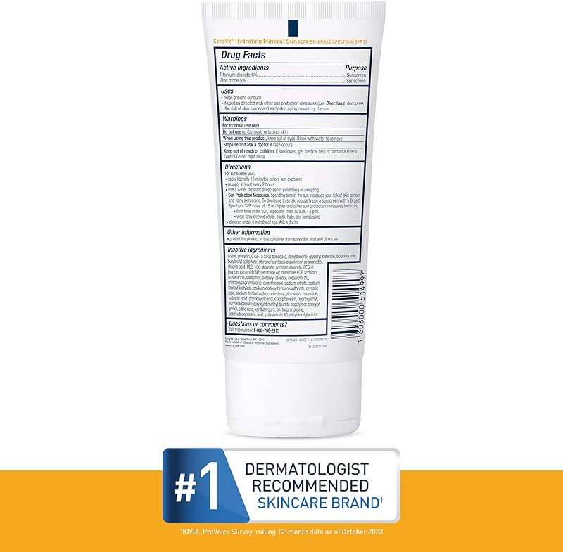 CeraVe 100% Mineral Sunscreen SPF 30 with Zinc Oxide & Titanium Dioxide, Hyaluronic Acid & Ceramides, Oil Free, Non-Greasy, Hydrating Mineral Sunscreen For Body, 5 oz - Image 6