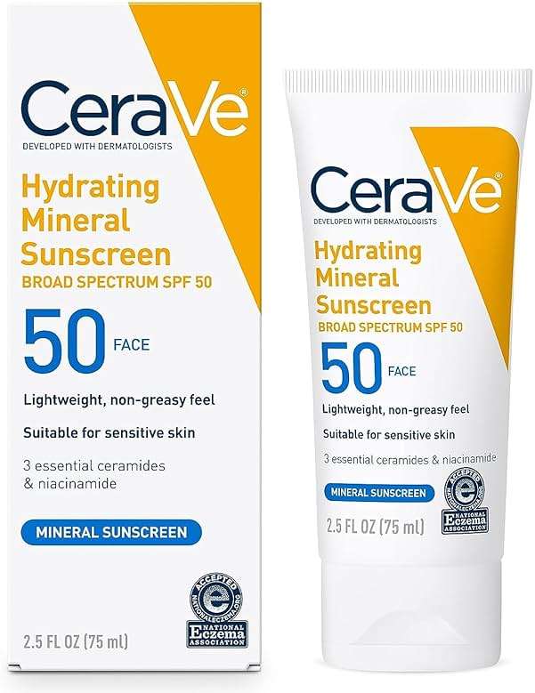 CeraVe 100% Mineral Sunscreen SPF 50, Face sunscreen With Zinc Oxide & Titanium Dioxide, Hyaluronic Acid + Niacinamide + Ceramides, Oil Free, Travel Size 2.5 oz - Image 1