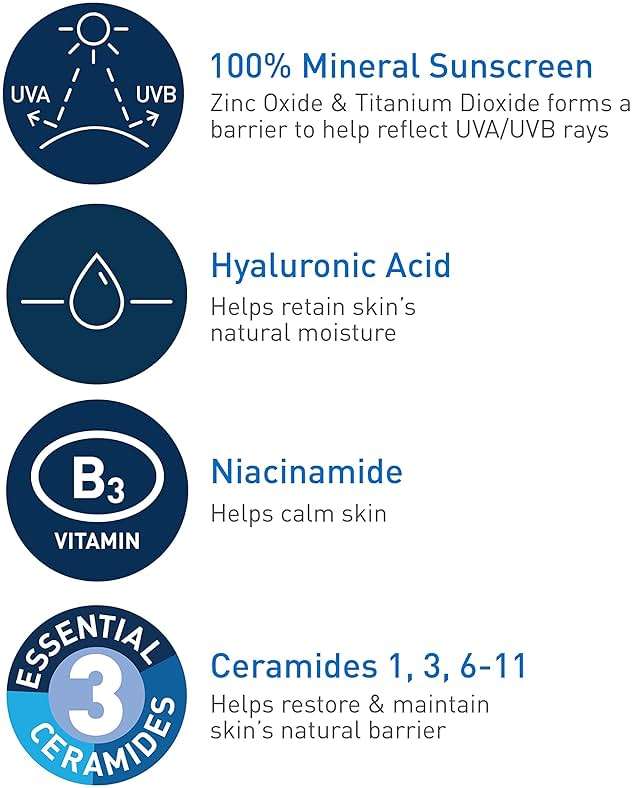 CeraVe 100% Mineral Sunscreen SPF 50, Face sunscreen With Zinc Oxide & Titanium Dioxide, Hyaluronic Acid + Niacinamide + Ceramides, Oil Free, Travel Size 2.5 oz - Image 4