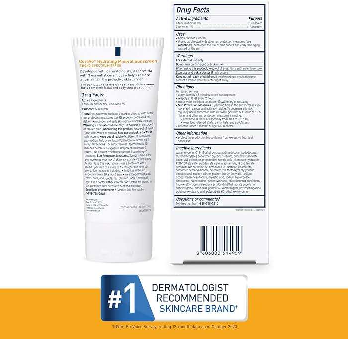 CeraVe 100% Mineral Sunscreen SPF 50, Face sunscreen With Zinc Oxide & Titanium Dioxide, Hyaluronic Acid + Niacinamide + Ceramides, Oil Free, Travel Size 2.5 oz - Image 8